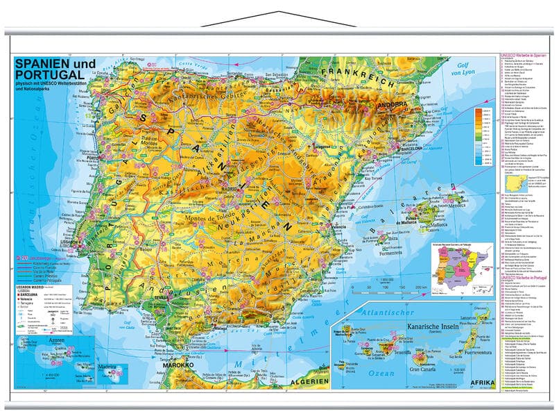 Spanien und Portugal physisch. Wandkarte