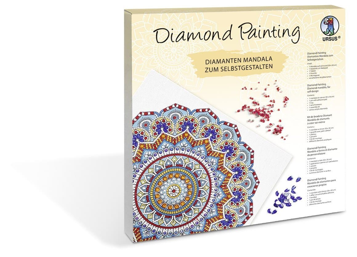 URSUS ErwachsenenBastelsets Diamond Painting Diamanten Mandala, hellblau/rot/gelb (Set 1)