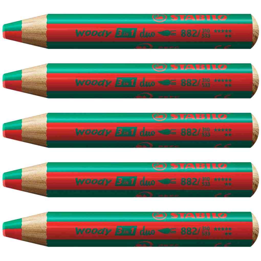 STABILO woody 3 in 1 duo - zweifarbige Mine, 5er Set STABILOrot/dunkelgrün