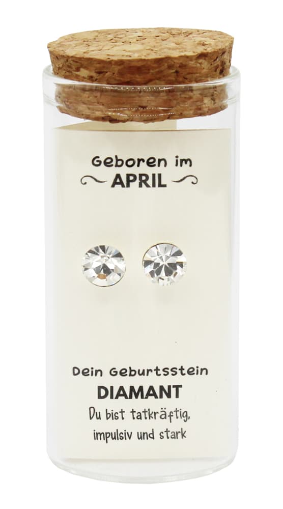"April" Geburtsstein Ohrstecker im Gläschen