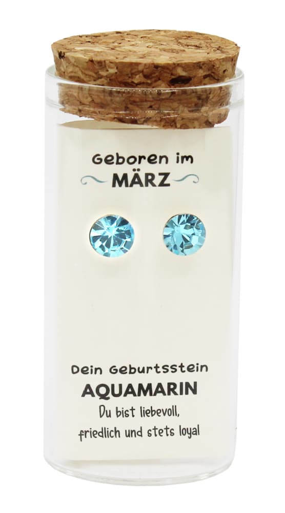"März" Geburtsstein Ohrstecker im Gläschen