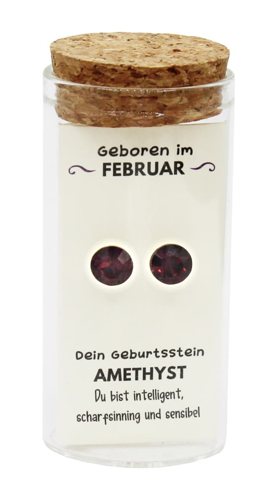 "Februar" Geburtsstein Ohrstecker im Gläschen