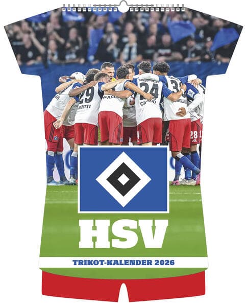 N Neumann - Hamburger SV 2026 - Trikotkalender 34x42 cm mit 12 Monatsblättern, 2-sprachigem Kalendarium & Spiralbindung, origineller Fußball-Wandkalender in Trikotform für Fans