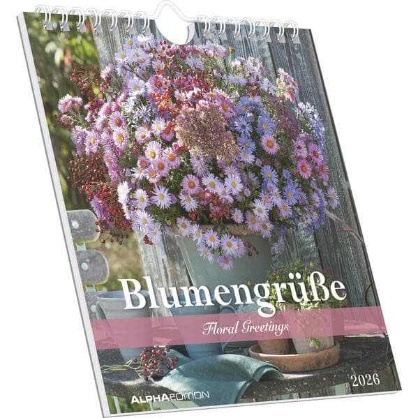 Alpha Edition - Blumengrüße Kalender 2026 - Postkartenkalender 16×17 cm mit 12 Blumenmotiven, Tischkalender & Wandkalender mit 3-sprachigem Kalendarium, ideales Geschenk für Blumenfreunde