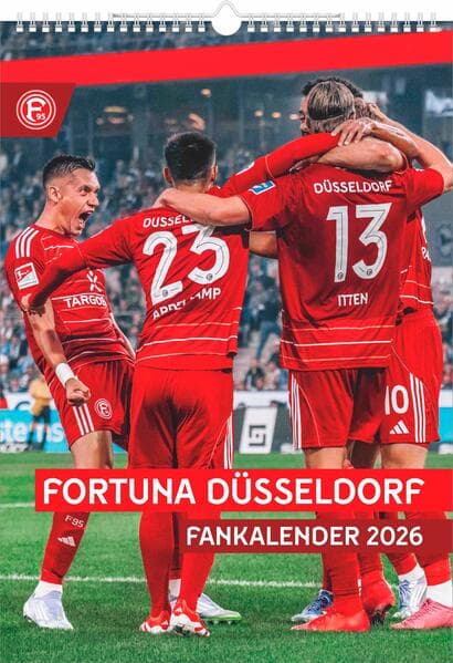 N Neumann - Fortuna Düsseldorf 2026 - Wandkalender A3 (30x42 cm) mit 12 Monatsblättern, deutschem Kalendarium & Spiralbindung, Fußball-Fankalender mit Spielerfotografien in Rot-Weiß