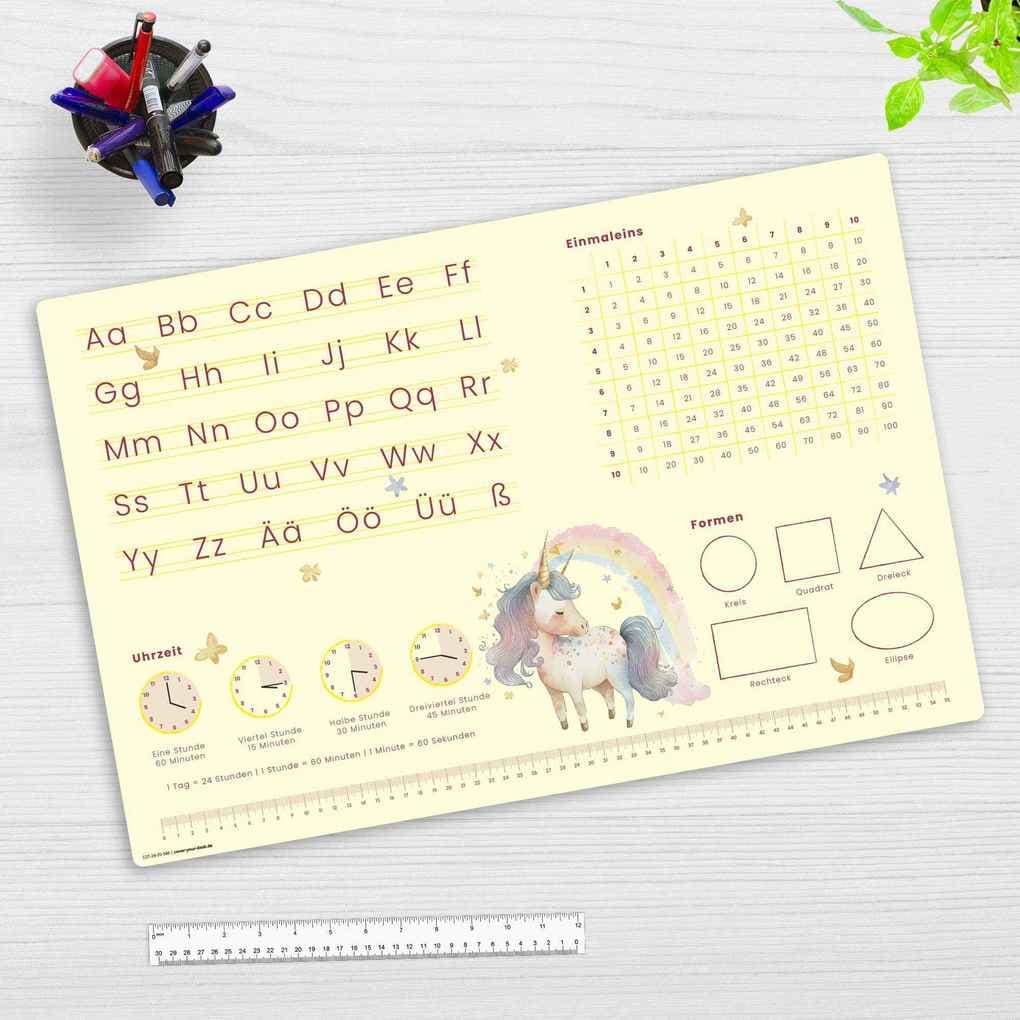 Cover-your-desk Schreibtischunterlage für Kinder Lernunterlage Einschulung, Einhorn Optik, ABC, 1x1, Uhrzeiten, aus hochwertigem Vinyl, 60 x 40 cm