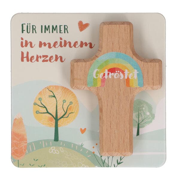 Butzon & Bercker Handschmeichlerkreuz 6 x 4 cm - farbig bedrucktes Kinderkreuz aus Buchenholz, Lieferung auf Backcard, folienfrei verpackt