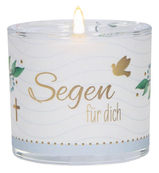 Butzon & Bercker Glaswindlicht "Segen für dich" Ø 6 cm - handgeblasenes Windlicht mit Pergamentumleger, türkise Geschenkverpackung, weißes Teelicht, liebevolles Geschenk zur Taufe