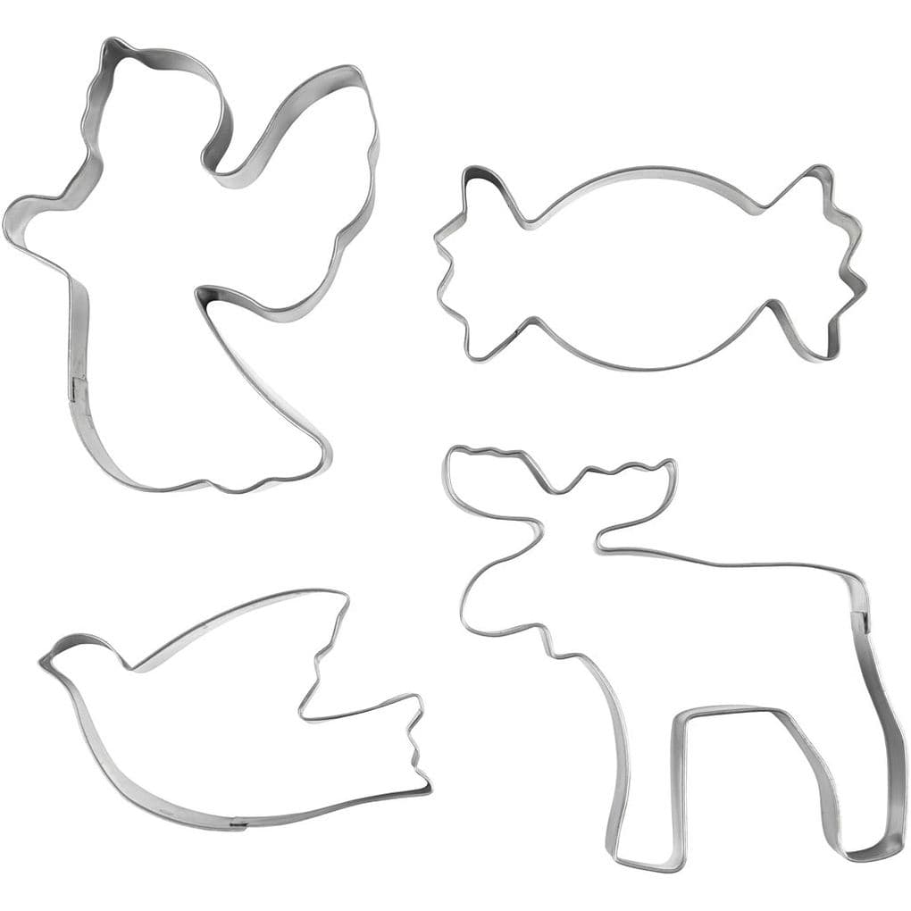 Creativ Company Ausstechförmchen, Engel, Rentier, Taube, Bonbon, H 2 cm, Größe 4,5-9 cm, Metallic-Silber, 4 Stk