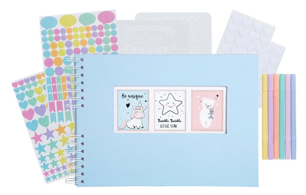 Scrapbooking-Set, Fotoalbum mit Spiralbindung, 50 Seiten weiß, 32x22 cm + Stifte, Sticker, Schablonen, Fotoecken