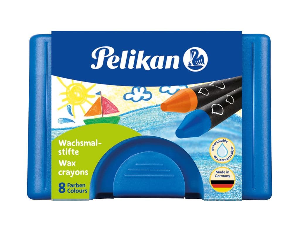 Pelikan 722959 - Wachsmalstifte wasservermalbar Kunststoff-Etui mit 8 dicken runden Stiften und Schaber